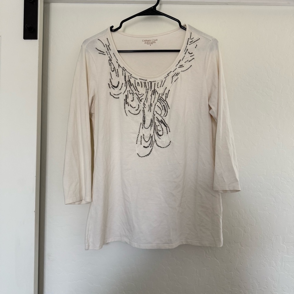 Coldwater Creek Womenâs White Long Sleeve Top Beaded Embellished Boho Indie Y2k